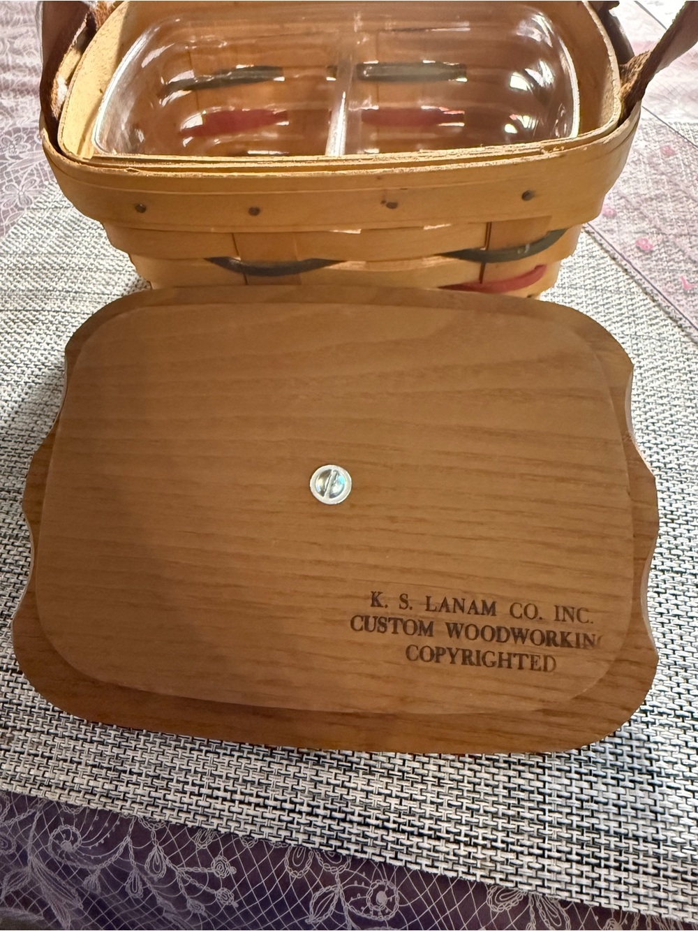 Longaberger Natural Wood Basket with Glass Insert and Tan Leather Trim